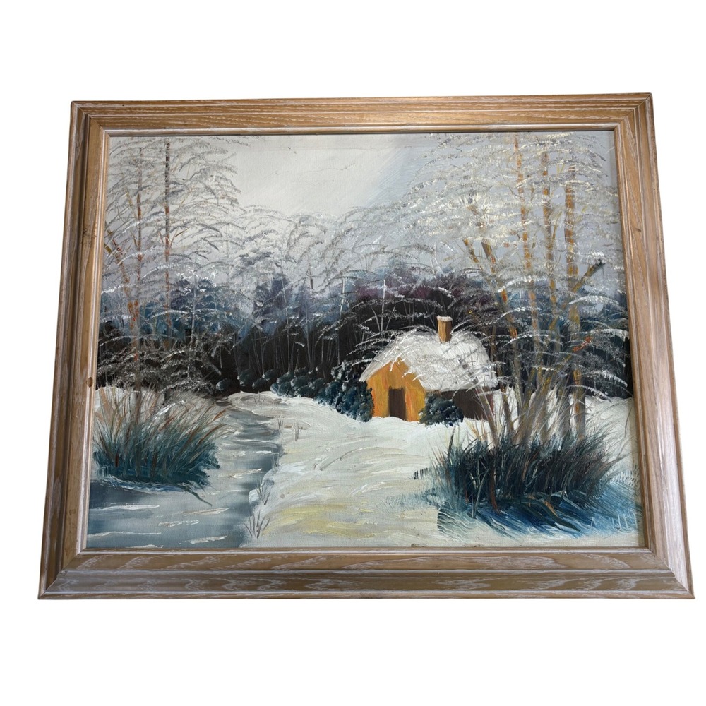 VTG MCM Art Original Winter Cabin Oil Painting Framed Snowy Landscape 23.5x19.5